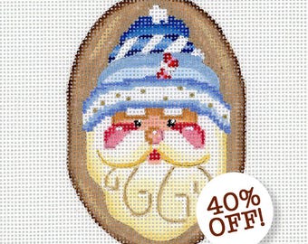 Santa Needlepoint / Painted Needlepoint / Hand Painted Santa Canvas / Blue / Santa Cookie