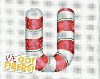 Needlepoint Monogram/Painted Needlepoint Canvas/Christmas Needlepoint/Needlepoint Chrismas Ornament/Candy Cane