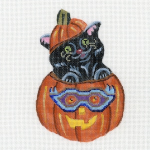 Needlepoint Handpainted Canvas Halloween - Kitty in Pumpkin