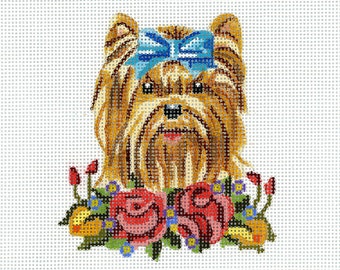 Hand Painted Needlepoint Handpainted Dog Canvas - Small Yorkshire Terrier Vignette