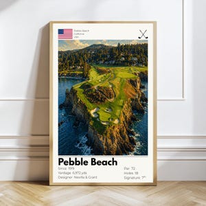 May include: Framed print of Pebble Beach golf course in California, USA. The image shows a scenic aerial view of the green course, surrounded by the ocean. The print includes the text "Pebble Beach" and other details about the course.
