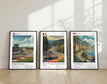 Könnte beinhalten: Drei gerahmte vertikale Poster mit Illustrationen von Formel-1-Rennstrecken: Silverstone mit britischer Flagge, Spa-Francorchamps mit belgischer Flagge und Monaco mit monegassischer Flagge, jeweils mit Streckendaten und Namen.