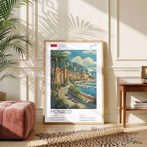 May include: A framed poster featuring a vintage-style illustration of the Monaco Grand Prix circuit, including the text Monaco, Since 1929, Circuit Length 3.337 km, Race Length 260 km, Laps 72, Number of Corners 19, and Average Speed 160 km/h.