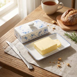 Square ceramic butter dish with lid, 6.5-inch rectangular