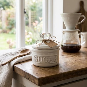 Vintage ceramic sugar bowl with glass door handle lid, 4 inches in diameter