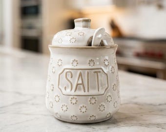 Ceramic Salt Cellar With Spoon 10 Ounce Textured Jar For Kitchen Counter