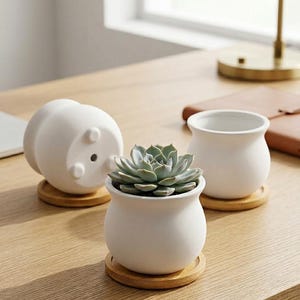 Ceramic Succulent Pot  With Bamboo Trays 3.5 Inch Six Styles