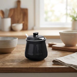 May include: A black ceramic sugar bowl with a lid and a small white spoon. The bowl has a glossy finish and a white rim. It sits on a wooden surface, with other kitchen items in the background.
