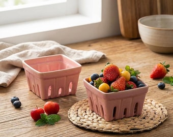Ceramic Berry Basket Set, 4.2-inch Square Fruit Bowls with Drainage