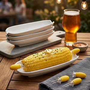 Ceramic Corn on the Cob Dishes with Forks Embossed Kernel Design