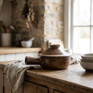 May include: A brown ceramic casserole dish with a lid and a handle sits on a wooden surface. The dish has a textured, speckled appearance. A linen cloth is draped on the wooden surface. A stack of bowls is to the right.