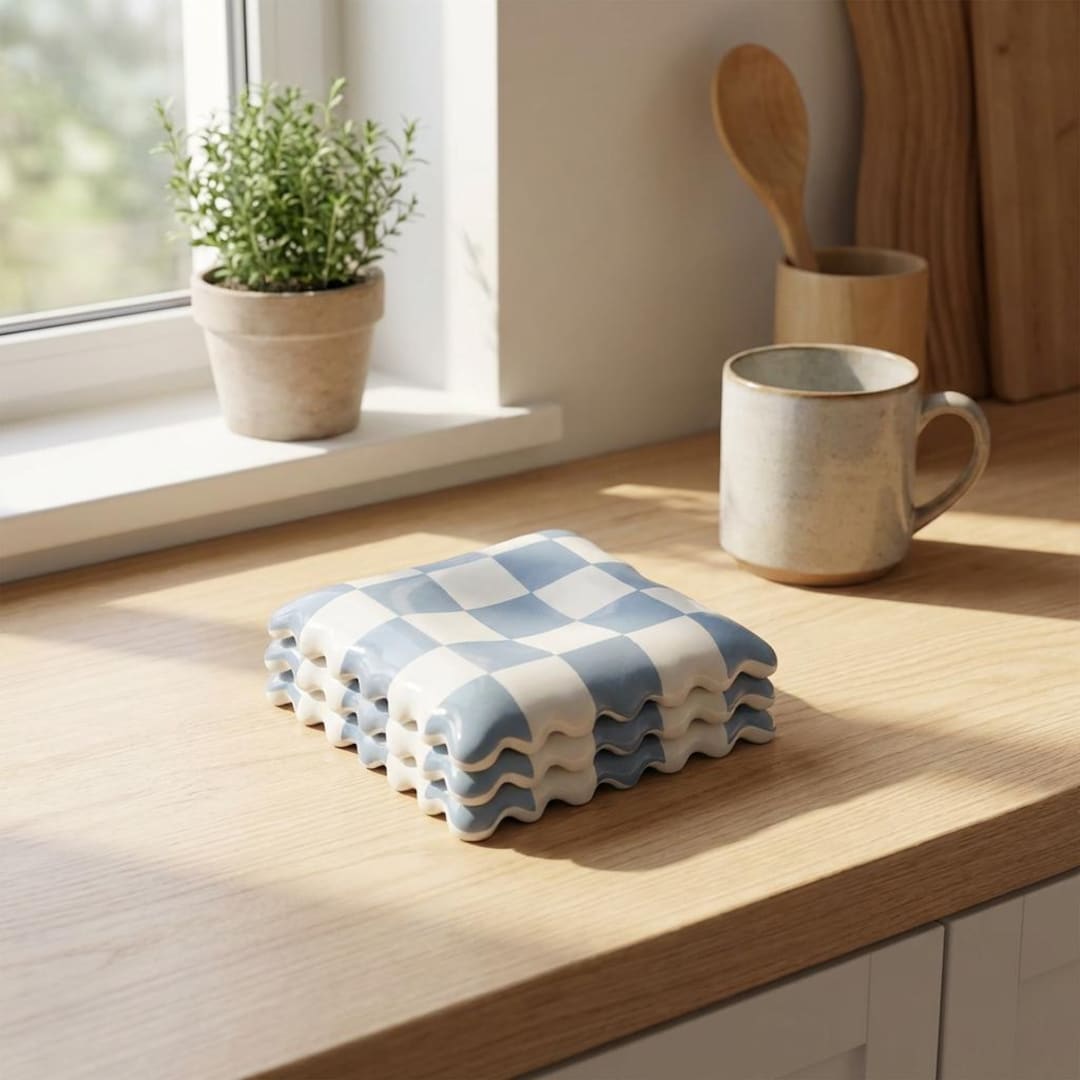 Checkered ceramic spoon holder, engraved with a cookie pattern, with a circular groove