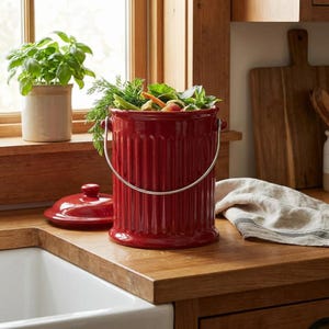 Ceramic compost bin, 1-gallon countertop trash can with deodorizing filter and stainless steel handle