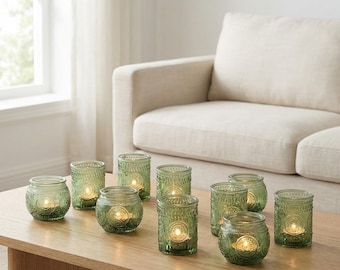 Glass Votive Candle Holder Set of 12, Sunflower Embossed Design, 2.1 Inch