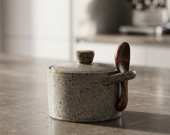 Vintage Speckled Salt Cellar With Wooden Lid Ceramic Spice Jar 3.5 Inch