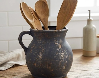 Vintage Kettle Cutlery Holder, Rustic Farmhouse Ceramic Utensil Jar