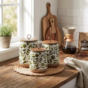 Stoneware Canister Set with Acacia Wood Lids