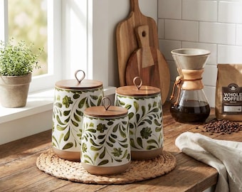 Stoneware Canister Set with Acacia Wood Lids
