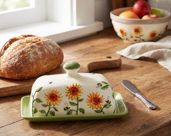 Sunflower Bee Ceramic Butter Dish, Farmhouse Kitchen Decor, Large Capacity Keeper