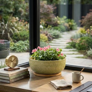 May include: A light green ceramic planter with a circular pattern, filled with green plants and pink flowers, sits on a wooden base. A gold clock, books, a mug, and a napkin are on a wooden surface near a window with a garden view.