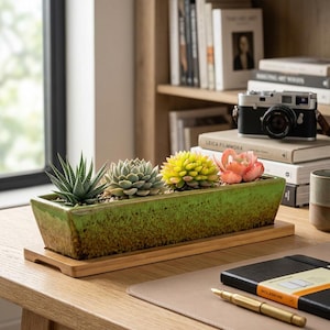 May include: A rectangular green ceramic planter with four succulents, set on a wooden tray. The planter is on a wooden desk, with a notebook, pen, and camera in the background. The succulents are green, yellow, and pink.