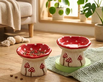 Red mushroom-shaped cat bowl with non-slip base – ceramic riser food bowl