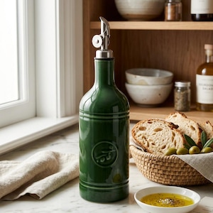 Ceramic Olive Oil Dispenser Bottle Embossed Olive Leaf No Drip Spout 12 Oz