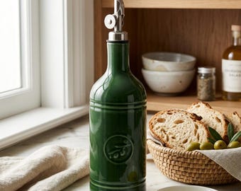 Ceramic Olive Oil Dispenser Bottle Embossed Olive Leaf No Drip Spout 12 Oz