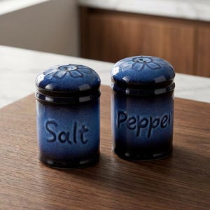 Blue And Black Ceramic Salt And Pepper Shakers Set Of 2 With Silicone Plugs