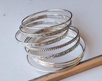 Set of Seven Sterling Silver Bangles, Band Style, Anniversary Gift