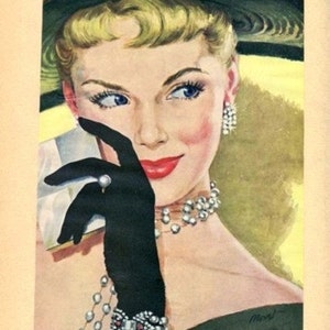 Woman in Hat & Gloves Original Circa 1950s Magazine Fashion Illustration image 1