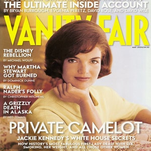 May include: A magazine cover featuring a portrait of Jacqueline Kennedy Onassis. The cover is yellow and white with the title "Vanity Fair" and the text "Private Camelot: Jackie Kennedy's White House Secrets".
