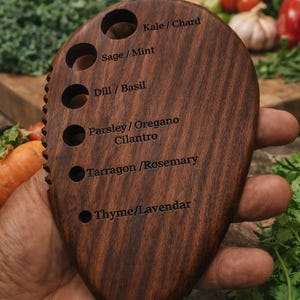 Peut inclure: Un outil de mesure en bois foncé pour herbes et légumes. Il comporte six trous et des étiquettes pour les herbes et légumes tels que Kale/Chard, Sage/Mint et Dill/Basil. L'outil est tenu dans une main.