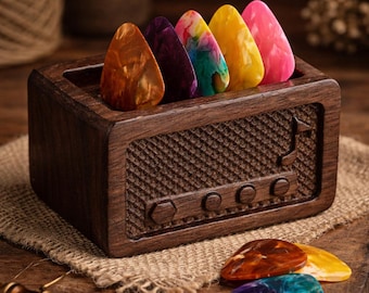 Pudełko na kostki gitarowe – prezent dla taty, drewniany uchwyt na kostki gitarowe, wyjątkowy zestaw kostek gitarowych, prezent dla gitarzysty, etui na kostki, prezent na ukończenie szkoły