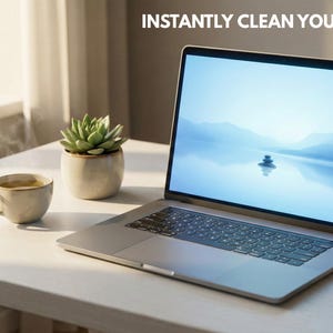 May include: A laptop with a blue screen displaying a serene landscape sits on a white table. Beside it are a cup of coffee and a potted succulent. The text "INSTANTLY CLEAN YOUR DESKTOP" is at the top.