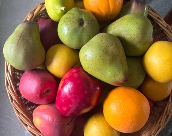 Vintage Style Realistic Faux Fruit Assortment in Woven Wicker Basket Centerpiece