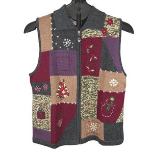 Christopher & Banks Womens  Christmas Sweater Vest Zip Patchwork Embroidered