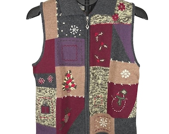 Christopher & Banks Womens  Christmas Sweater Vest Zip Patchwork Embroidered