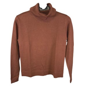 May include: A rust-colored turtleneck sweater with long sleeves. The sweater is made of a soft knit material and has a ribbed hem and cuffs. The turtleneck is folded over and has a black mesh lining.