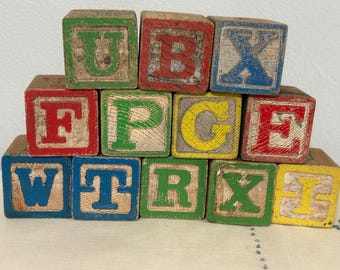 Vintage Wooden Alphabet Blocks Set of 12 Embossed Letters Numbers Rustic Decor