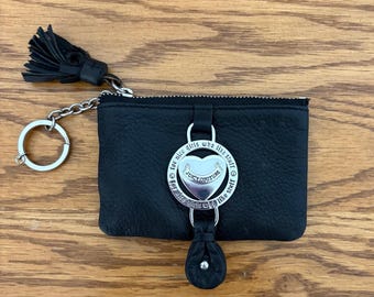 Juicy Couture Black Leather Coin Purse Keychain Heart Medallion Tassel Y2K
