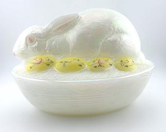 Fenton Iridescent Opal Rabbit on Nest Candy Dish Hand Painted S Allman NO BOX