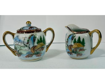 Vintage Japanese Hand Painted Porcelain Creamer and Sugar Bowl Set Waterfall