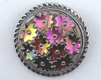 Vintage Western Germany Iridescent Floral Scarf Clip Silver Tone Round Flower