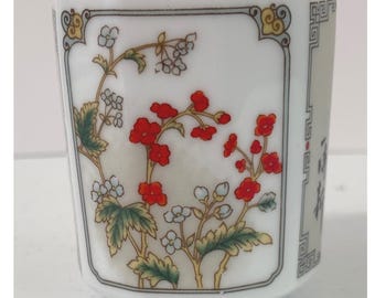 Tatung Vintage Octagonal Porcelain Tea Cup Floral Calligraphy Gold Trim