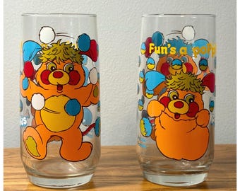Vintage 1986 Popples Glass Set Puzzle Popple Funs a Poppin 80s Cartoon Tumblers