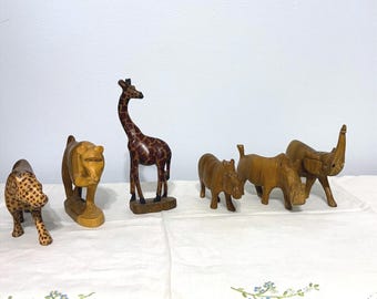 Vintage Hand Carved Wood African Safari Animal Figurines Set of 6 Giraffe Rhino