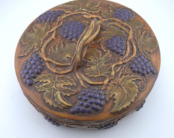 Vintage 1968 Arnels Ceramic Grapes Vines Lidded Dish Brown Purple Rustic MCM