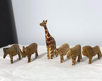 Vintage Hand Carved Wooden Safari Animal Figurines Set of 6 Giraffe Zebra Rhino