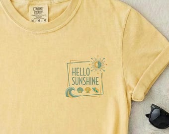 Hello Sunshine Pocket Shirt, Comfort Colors Seashell Beach Tee for Women, Left Chest Summer Top, Cute Coastal Ocean Gift Her